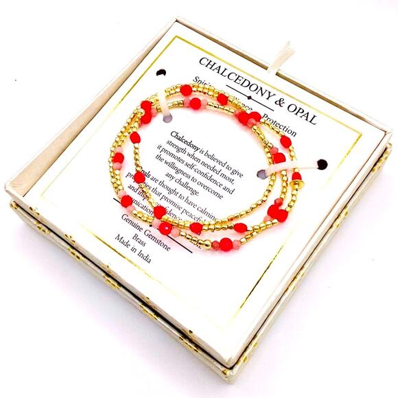 Shivam Chalcedony & Opal Red and Gold Beaded Brass Bracelets - Picture 4 of 7